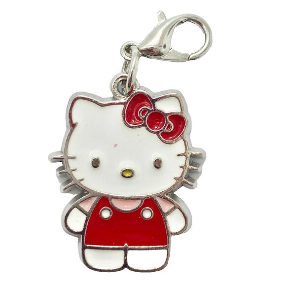 Hello Kitty Charm Clip On Zipper Pull Bag Purse Red Bow Enamel Silver Tone - Picture 1 of 8